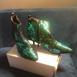 Sequin Ankle Boots - Green and Black